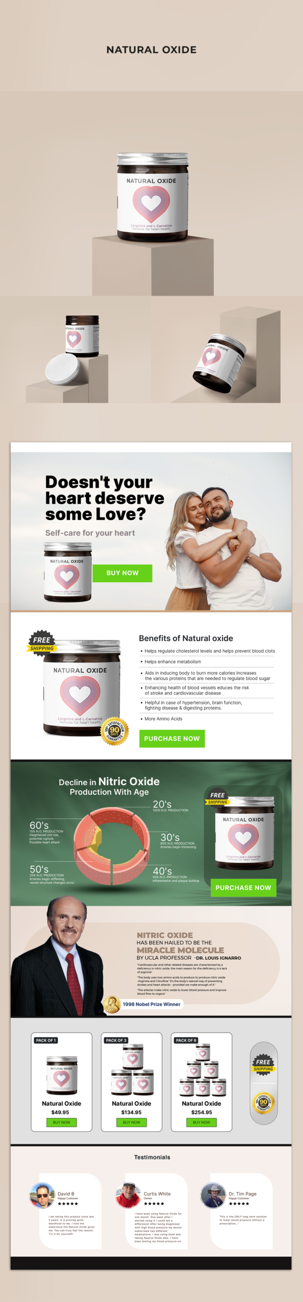 Natural Oxide is a premium wellness supplement landing page designed with a clean, modern, and conversion-focused approach. The project was created to establish a strong visual identity while effectively communicating product benefits, trust, and scientific positioning. The design combines minimal aesthetics, modern supplement branding, and high-converting eCommerce layout strategies to create a professional digital experience.